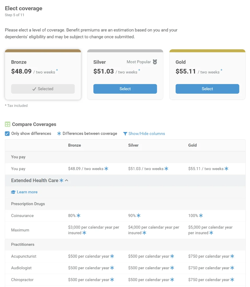 Flex enrollment cost comparison screen in Effortless Admin